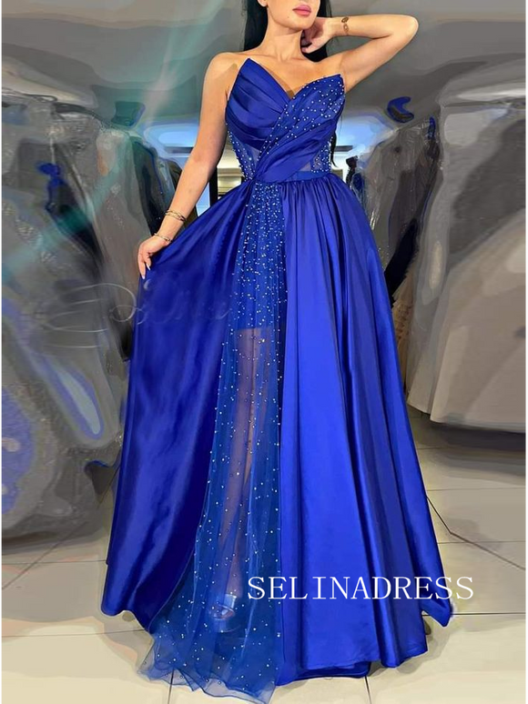 Chic Strapless Elegant Beaded Long Prom Dresses Royal Blue Formal Dres