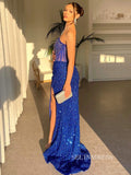 Chic Strapless High Split Long Prom Dresses Elegant Beaded Royal Blue Evening Dress SEW0197|Selinadress