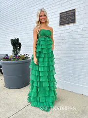 Chic Strapless Hunter Green Prom Dresses With Ruffles Elegant Long Formal Gowns SEA003|Selinadress