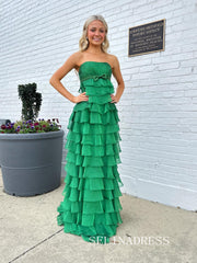 Chic Strapless Hunter Green Prom Dresses With Ruffles Elegant Long Formal Gowns SEA003|Selinadress