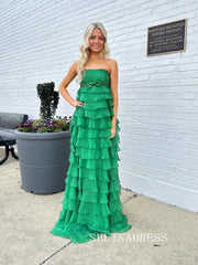 Chic Strapless Hunter Green Prom Dresses With Ruffles Elegant Long Formal Gowns SEA003|Selinadress