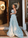 Chic Strapless Long Prom Dresses With Feather Elegant Light Sky Blue Evening Dress LPK094|Selinadress