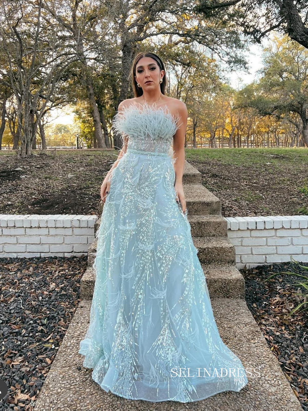 Chic Strapless Long Prom Dresses With Feather Elegant Light Sky Blue E SELINADRESS Chic Strapless Long Prom Dresses With Feather Elegant Light Sky Blue E SELINADRESS