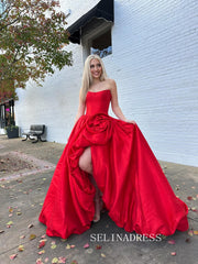 Chic Strapless Red Prom Dresses With Split Elegant Long Formal Evening Gowns SEA001|Selinadress
