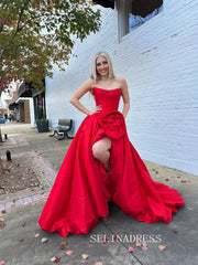 Chic Strapless Red Prom Dresses With Split Elegant Long Formal Evening Gowns SEA001|Selinadress