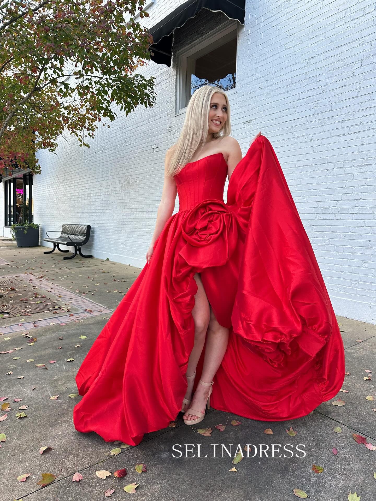 Chic Strapless Red Prom Dresses With Split Elegant Long Formal Evening Gowns SEA001|Selinadress