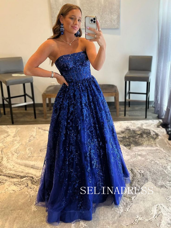 Chic Strapless Sequins Lace Long Prom Dresses Gorgeous Royal Blue Evening Dress TKH026|Selinadress