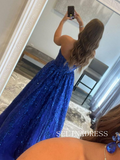Chic Strapless Sequins Lace Long Prom Dresses Gorgeous Royal Blue Evening Dress TKH026|Selinadress