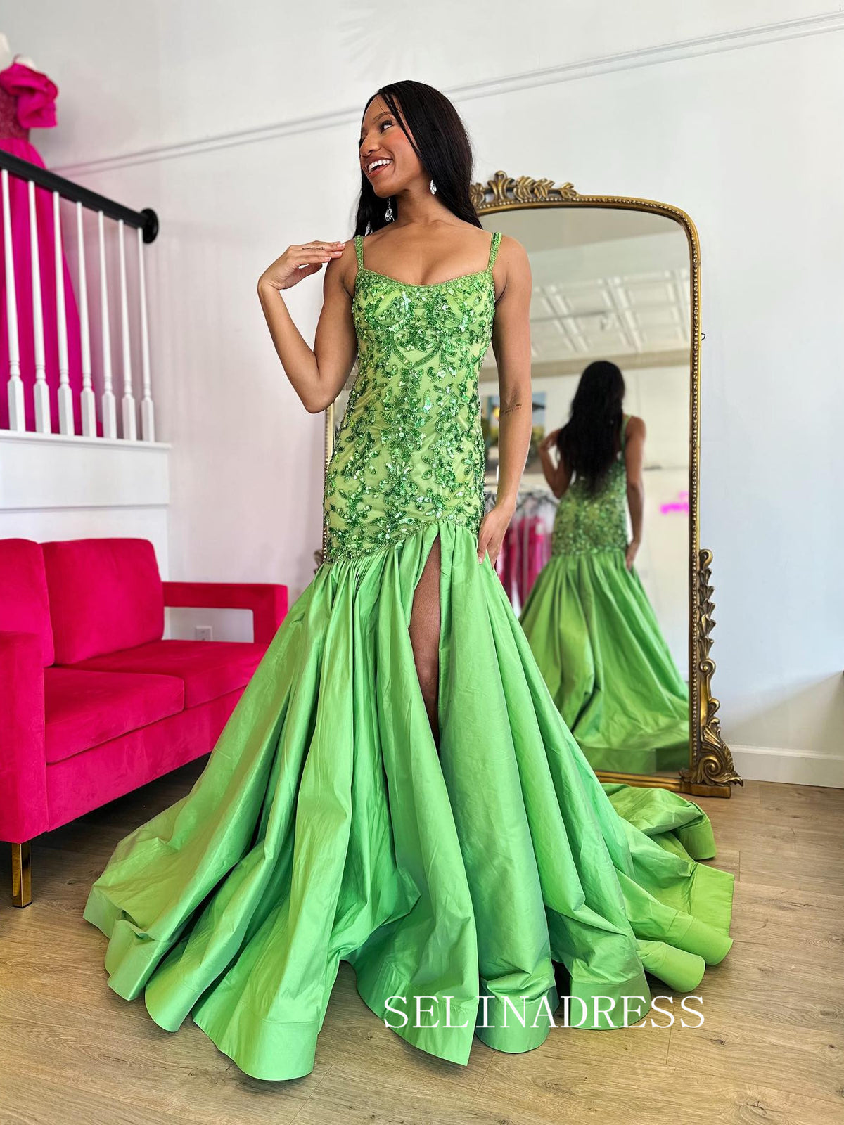 Chic Straps Green Prom Dresses With Beaded Elegant Long Formal Gowns SEA005|Selinadress