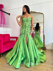 Chic Straps Green Prom Dresses With Beaded Elegant Long Formal Gowns SEA005|Selinadress