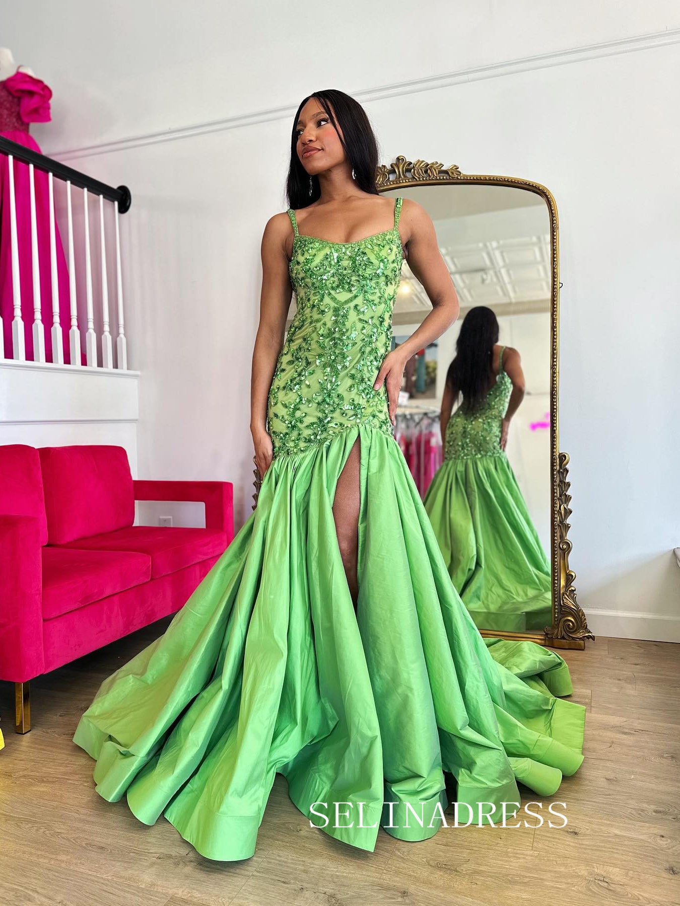 Chic Straps Green Prom Dresses With Beaded Elegant Long Formal Gowns SEA005|Selinadress