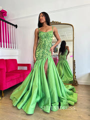 Chic Straps Green Prom Dresses With Beaded Elegant Long Formal Gowns SEA005|Selinadress