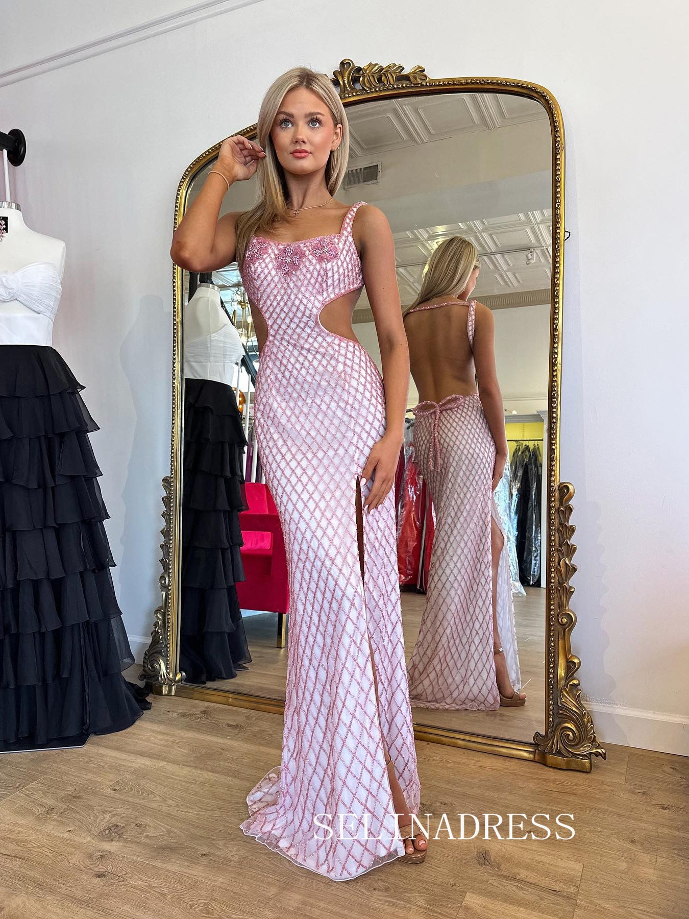 Chic Straps Pink Prom Dresses With Beaded Elegant Long Formal Gowns SEA004|Selinadress