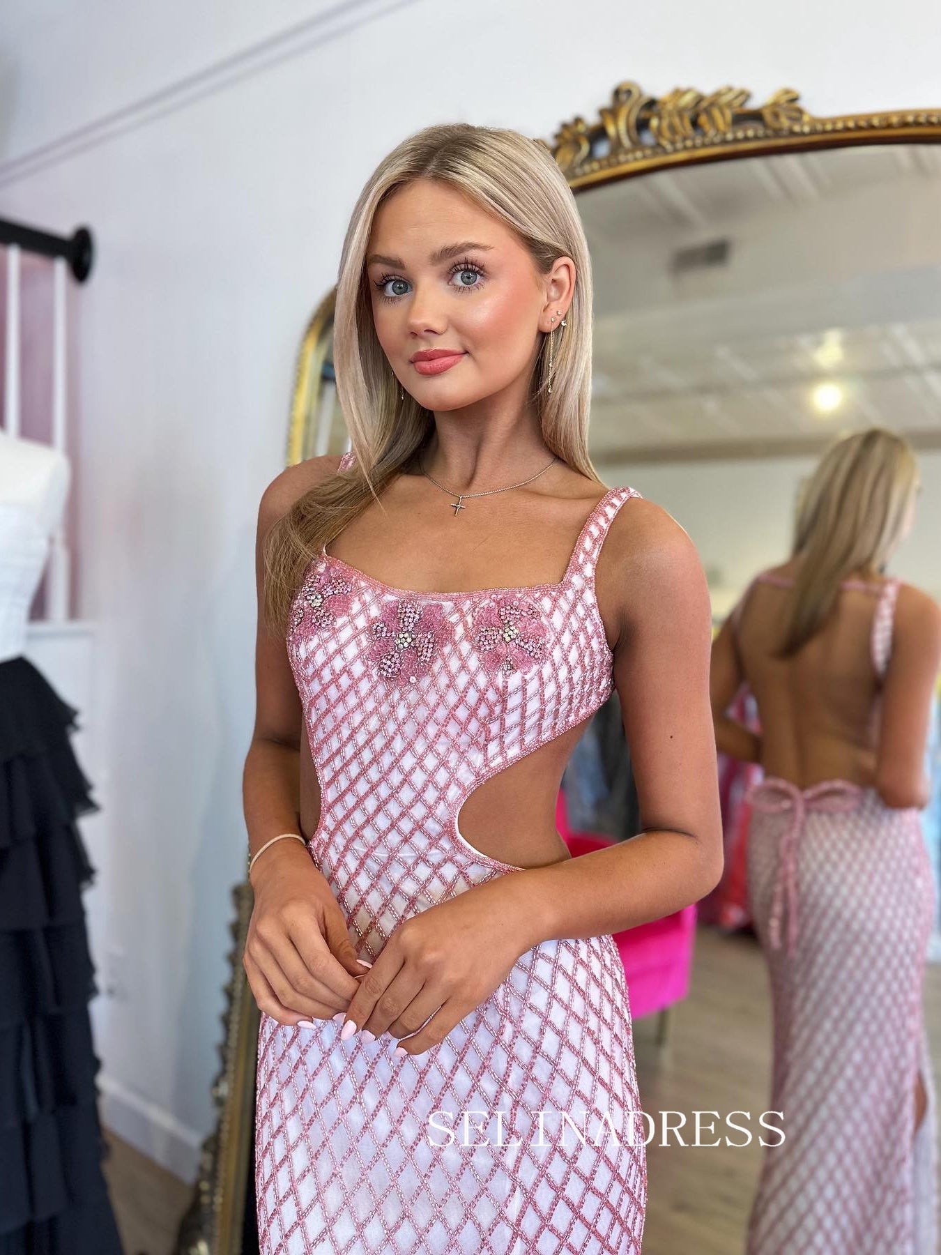 Chic Straps Pink Prom Dresses With Beaded Elegant Long Formal Gowns SEA004|Selinadress