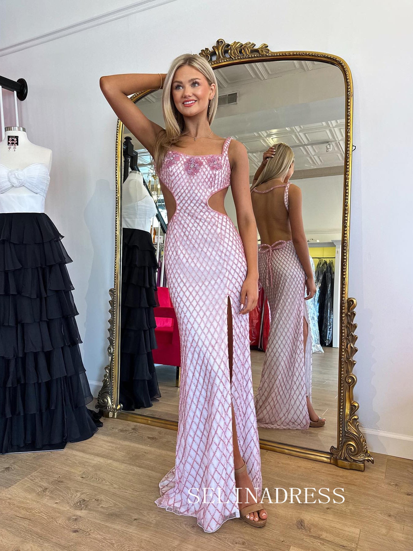 Chic Straps Pink Prom Dresses With Beaded Elegant Long Formal Gowns SEA004|Selinadress