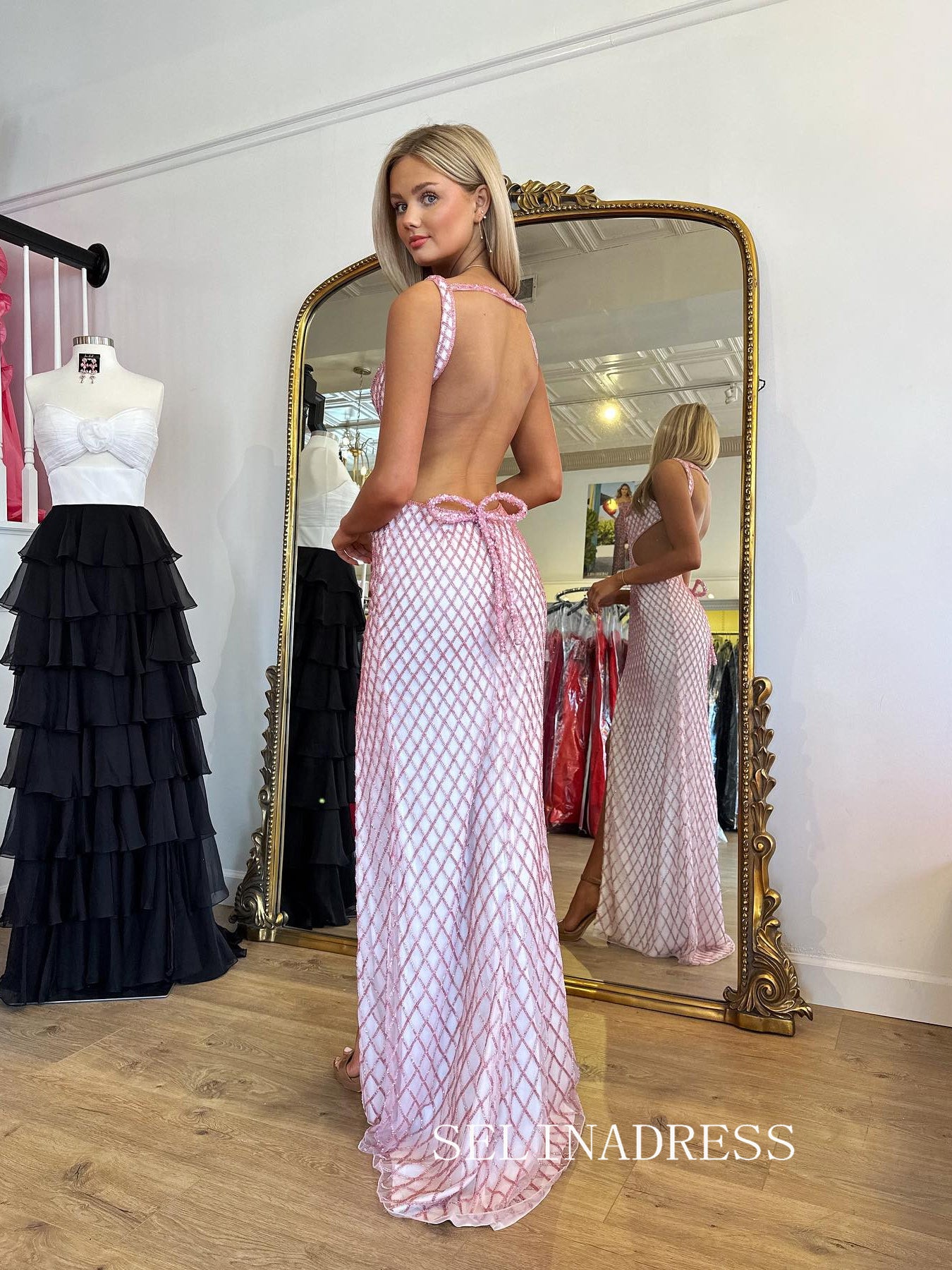 Chic Straps Pink Prom Dresses With Beaded Elegant Long Formal Gowns SEA004|Selinadress