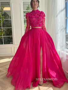 Chic Two Pieces High Neck Chiffon Long Sleeve Prom Dress Elegant Party Dress #kop141|Selinadress