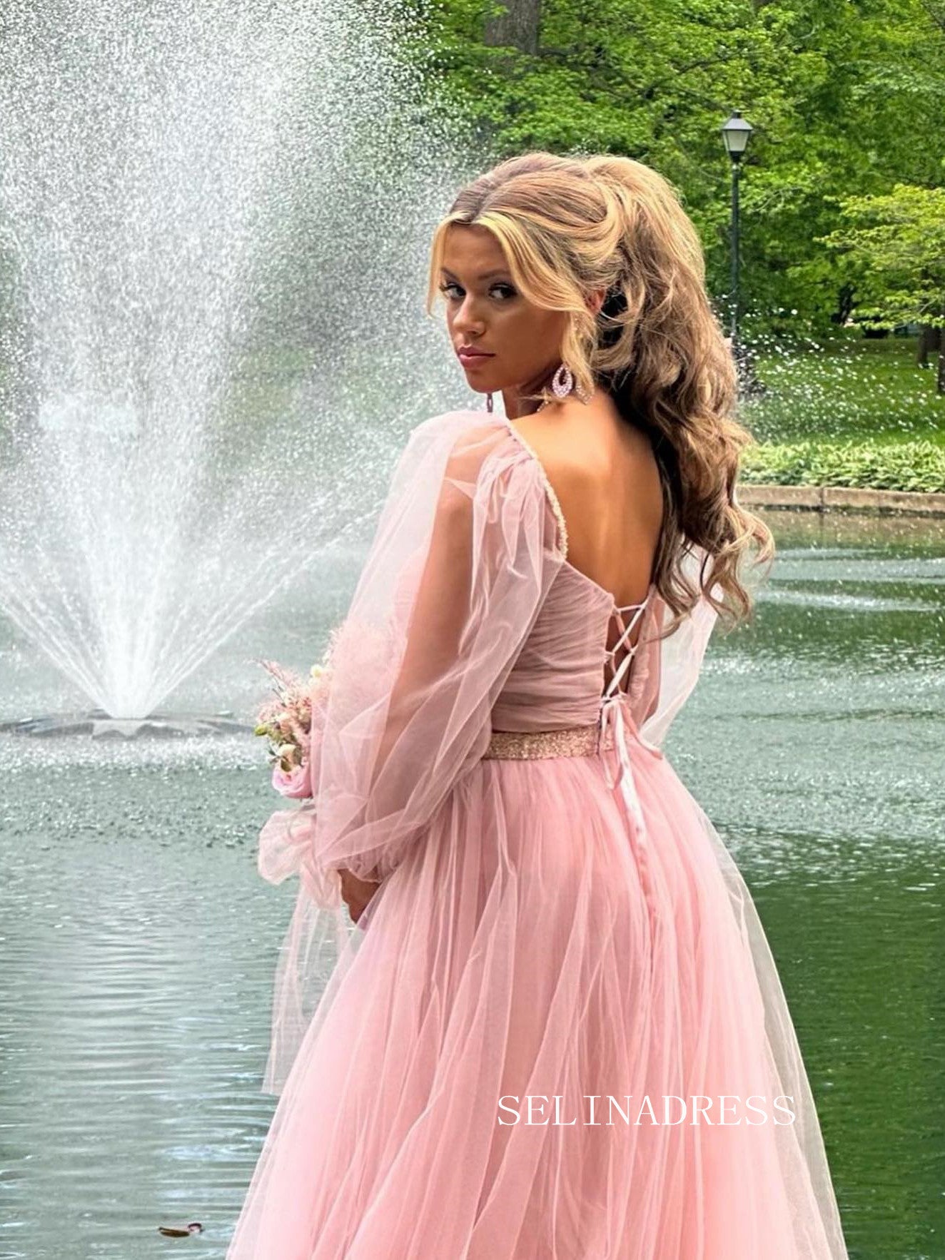 Chic Two Pieces Long Sleeve Prom Dress Blush Pink Elegant Evening