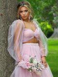 Chic Two Pieces Long Sleeve Prom Dress Blush Pink Elegant Evening Dress #kop138|Selinadress