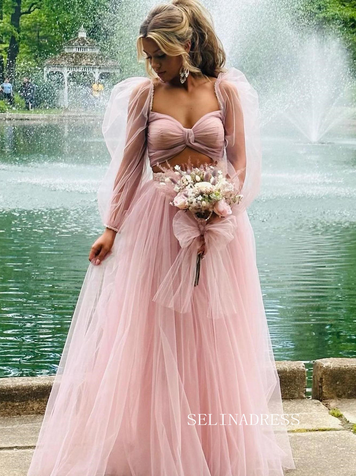 Pink Lace Prom Dress Off The Shoulder Puff Sleeve Prom Dress Tulle Long Evening Dresses ARD2404 Pink Lace Prom Dress Off The Shoulder Puff Sleeve Prom Dress Tulle Long Evening Dresses ARD2404