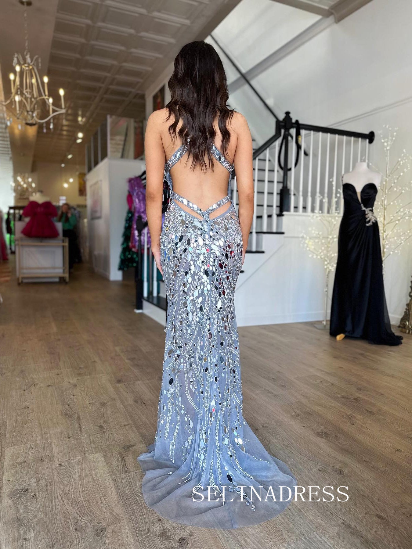 Chic V neck Sliver Prom Dresses With Beaded Elegant Long Formal Gowns SEA006|Selinadress
