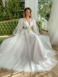 Chic White V neck Long Sleeve Prom Dresses Elegant Long Formal Evening Gowns SEW0187|Selinadress