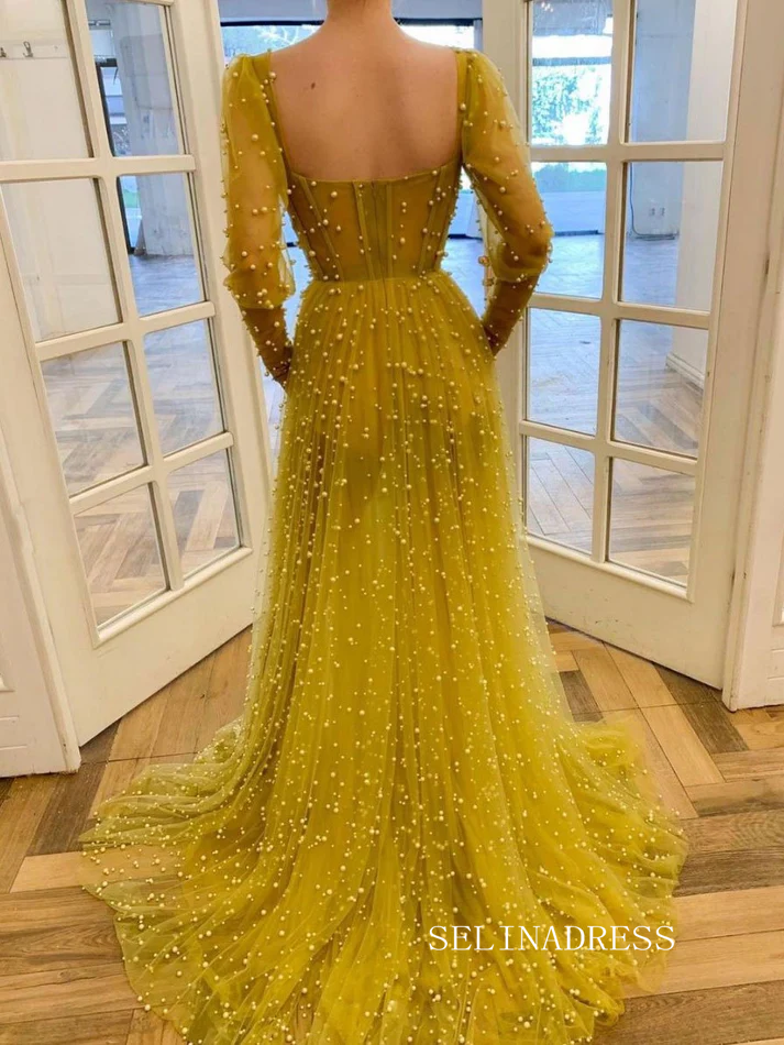 Chic Yellow Full Beaded Long Prom Dresses Elegant Long Sleeve Formal E SELINADRESS Chic Yellow Full Beaded Long Prom Dresses Elegant Long Sleeve Formal E SELINADRESS