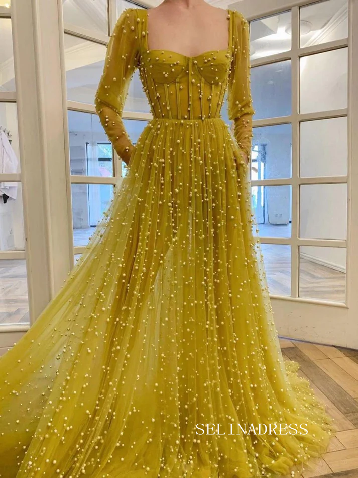 Chic Yellow Full Beaded Long Prom Dresses Elegant Long Sleeve Formal E SELINADRESS Chic Yellow Full Beaded Long Prom Dresses Elegant Long Sleeve Formal E SELINADRESS
