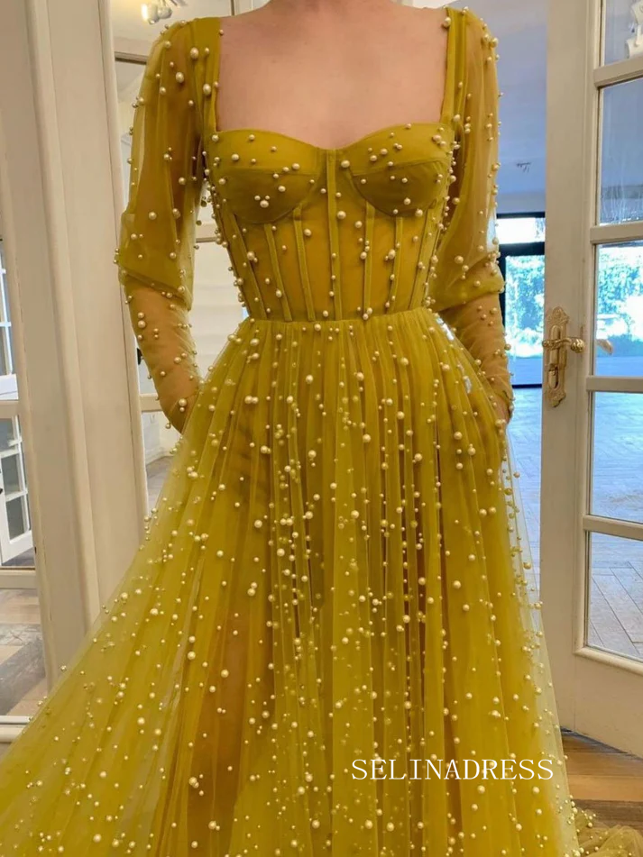 Chic Yellow Full Beaded Long Prom Dresses Elegant Long Sleeve Formal Evening Gowns SEW0190 Chic Yellow Full Beaded Long Prom Dresses Elegant Long Sleeve Formal Evening Gowns SEW0190