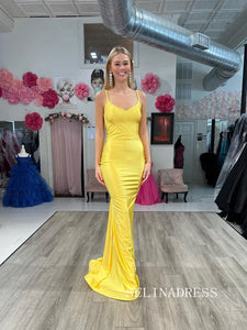 Chic Yellow Mermaid Long Prom Dresses Open BacklessEvening Dress #TKL207|Selinadress