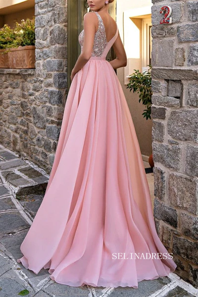 Classy Long Pink V-neck Glitter Sleeveless Evening Party Gowns Long Sl SELINADRESS Classy Long Pink V-neck Glitter Sleeveless Evening Party Gowns Long Sl SELINADRESS