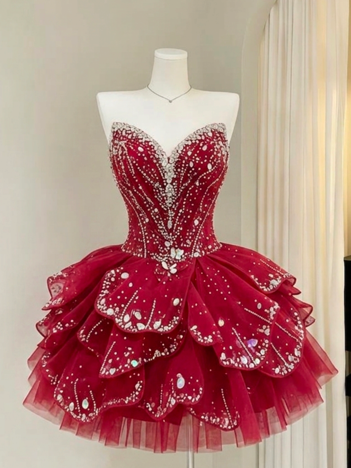 Sparkling Red Strapless Tiered Mini Ball Gown Homecoming Dress cok073|Selinadress