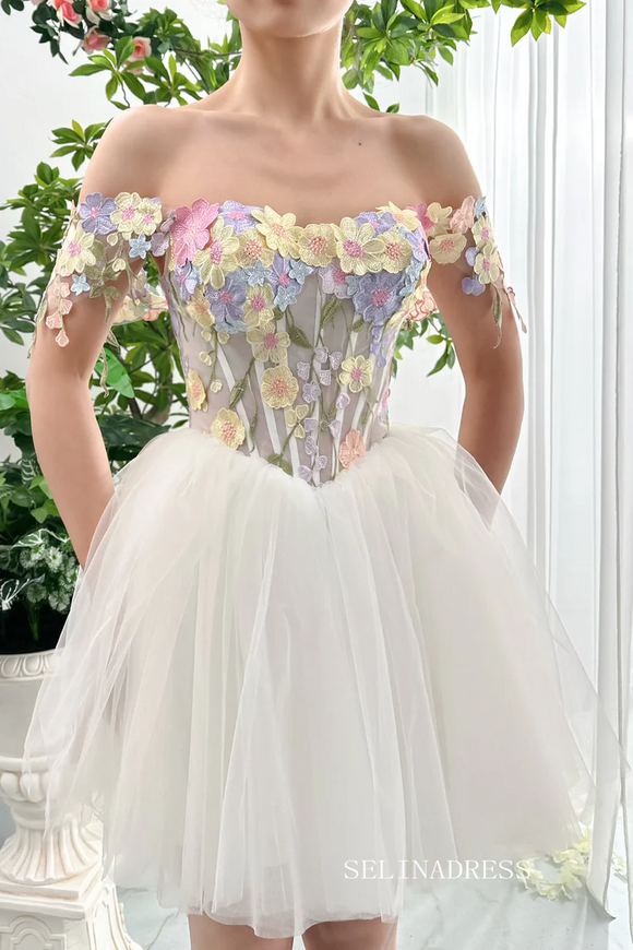 Corset 3D Floral Short Prom Dress with Removable Sleeve Off Shoulders Homecoming Dress EWR406|Selinadress