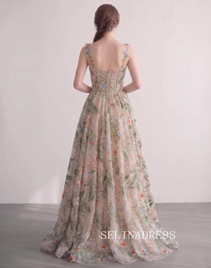 Corset-Bodice Embroidered Flower Champagne A-Line Princess Spaghetti Straps Prom Dresses  LET010|Selinadress
