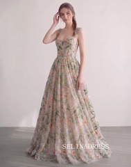 Corset-Bodice Embroidered Flower Champagne A-Line Princess Spaghetti Straps Prom Dresses  LET010|Selinadress