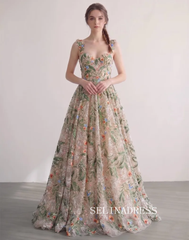 Corset-Bodice Embroidered Flower Champagne A-Line Princess Spaghetti Straps Prom Dresses  LET010|Selinadress