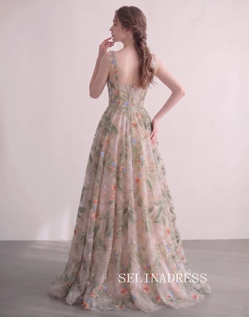 Corset-Bodice Embroidered Flower Champagne A-Line Princess Spaghetti Straps Prom Dresses  LET010|Selinadress