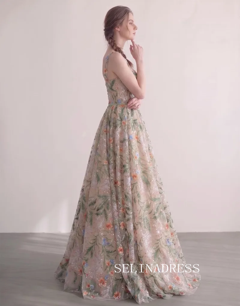Corset-Bodice Embroidered Flower Champagne A-Line Princess Spaghetti Straps Prom Dresses  LET010|Selinadress