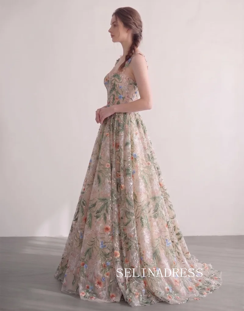 Corset-Bodice Embroidered Flower Champagne A-Line Princess Spaghetti Straps Prom Dresses  LET010|Selinadress