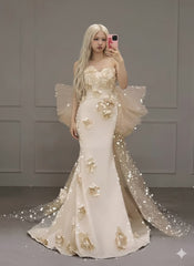 Crystal Mermaid Strapless Prom Dress With Oversized Bow Detail & Flower SEA211|Selinadress