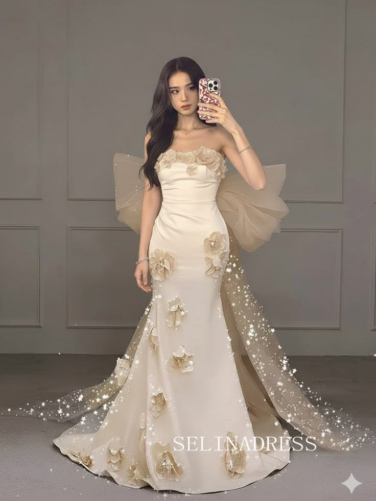 Crystal Mermaid Strapless Prom Dress With Oversized Bow Detail & Flower SEA211|Selinadress