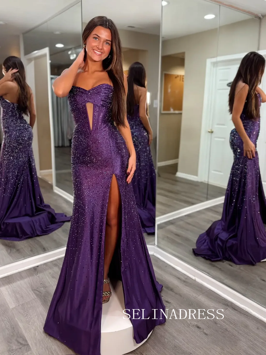 Crystal Mermaid Sweetheart Prom Dress Evening Dress With High Slit SEA210|Selinadress