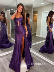 Crystal Mermaid Sweetheart Prom Dress Evening Dress With High Slit SEA210|Selinadress