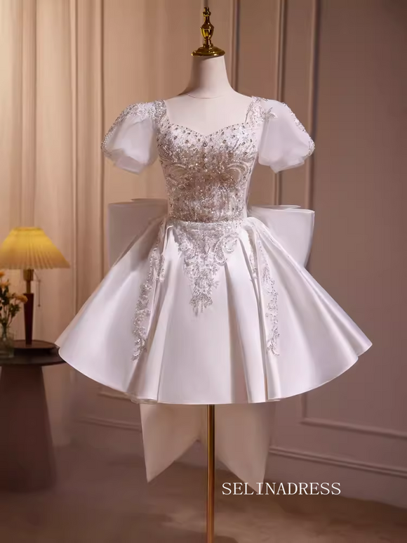 Cute A-line Beaded Short Prom Dress White Puff Sleeve Cocktail Dress #EWR013