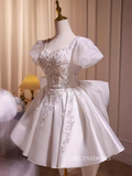 Cute A-line Beaded Short Prom Dress White Puff Sleeve Cocktail Dress #EWR013|Selinadress