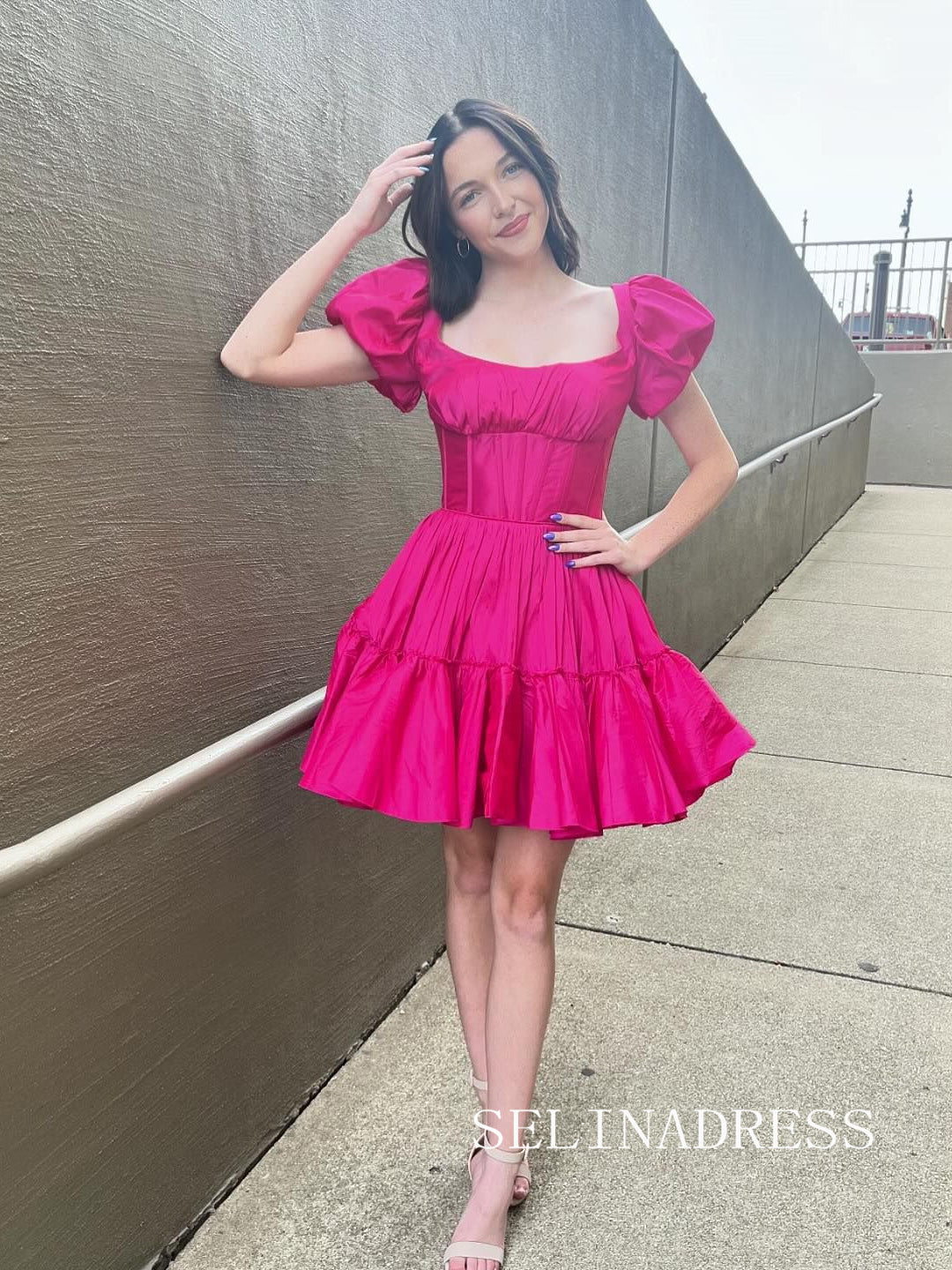 Cute A-line Square Neck Homecoming Dresses Satin Short Sleeve Hot Pink – SELINADRESS