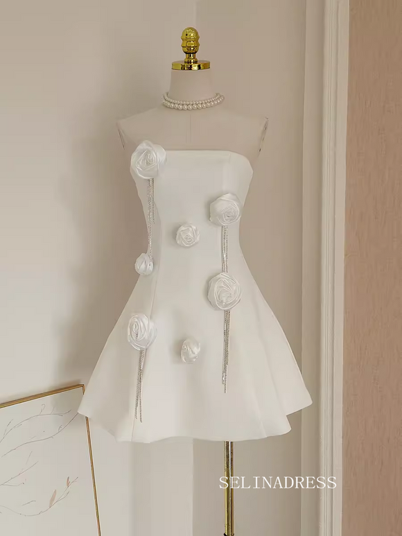 Cute A-line Strapless Little Black Cocktail Dress Rosette Short Prom Dress #EWR003|Selinadress