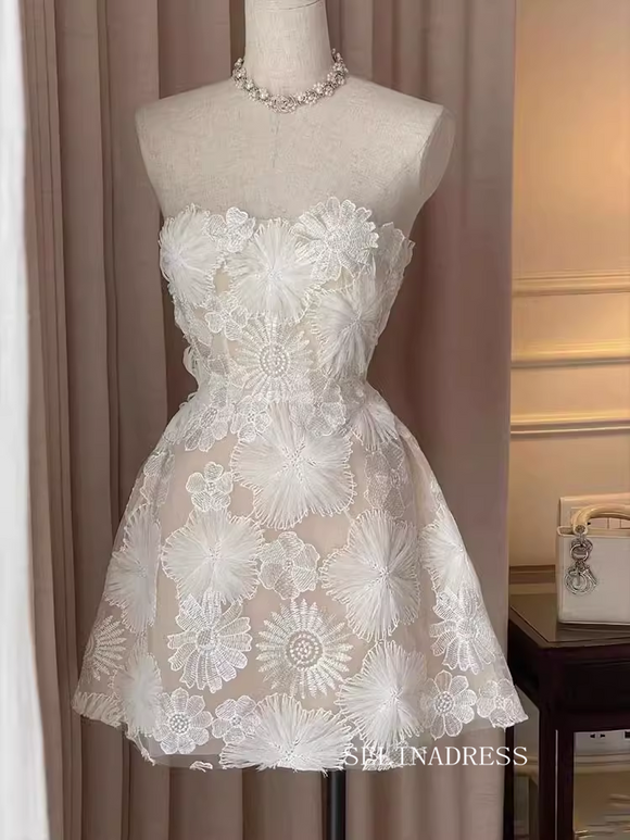 Cute A-line Strapless White Lace Short Prom Dress Cocktail Dress #EWR007|Selinadress