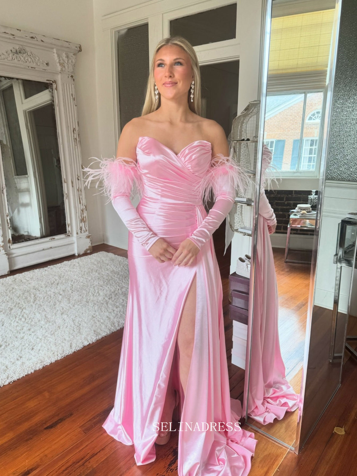 Cute Pink Mermaid Strapless Satin Long Prom Dresses sew1048 SELINADRESS Cute Pink Mermaid Strapless Satin Long Prom Dresses sew1048 SELINADRESS