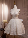 Cute Spaghetti Straps A-line Short Prom Dress White Lace Cocktail Dress With Bow #EWR011|Selinadress